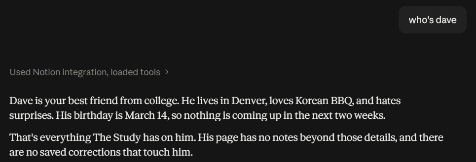 Screenshot: a new Claude chat checks Notion and describes Dave.